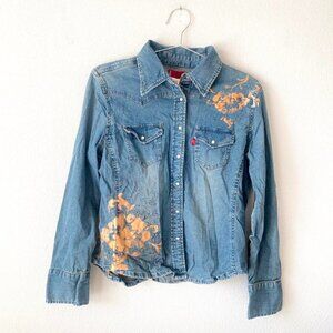 Levi's y2k Blue Denim Button Up Shirt Gold Foil Print Women's L